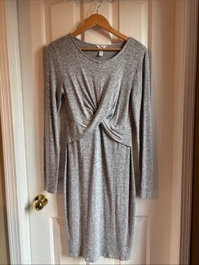 Thyme Maternity Grey Twist-Front Long Sleeve Nursing Dress